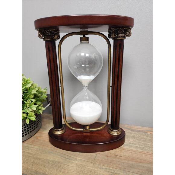 VINTAGE SAND CLOCK HOURGLASS by BOMBAY Co. Mahogany & Brass Flips Over 10.5" - Picture 1 of 10